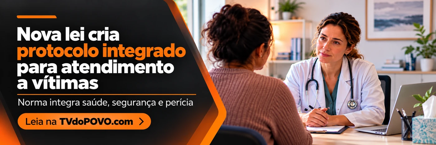 Protocolo integrado para atendimento a vítimas Faixa da TVdoPOVO sobre protocolo integrado de atendimento a vítimas, com cena de acolhimento ilustrativa e assinatura Leia na TVdoPOVO.com.