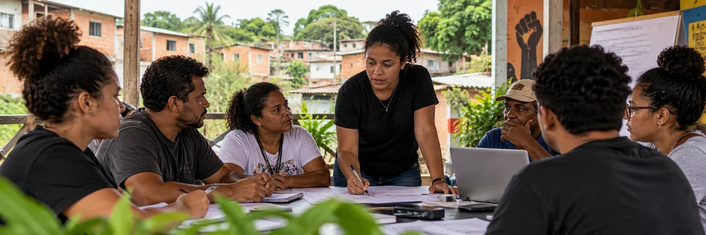 reunião comunitária em periferia urbana de Rondônia com lideranças e coletivos em planejamento