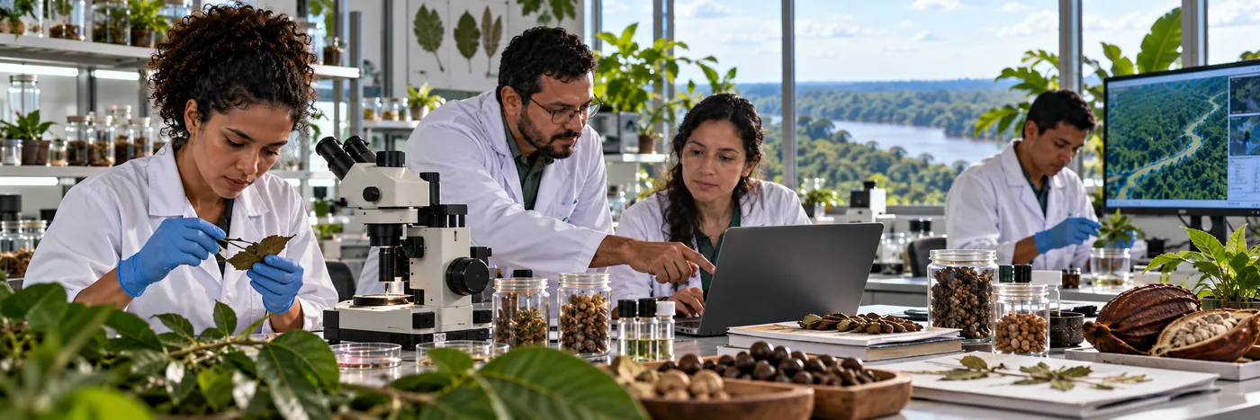 Pesquisadores em laboratório durante atividade científica ligada à biodiversidade amazônica