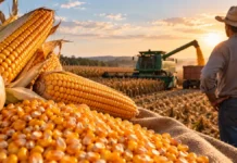 Bônus de 1,03% para milho passa a valer em operações do Pronaf em Rondônia Milho colhido em propriedade rural de Rondônia com produtor e colheitadeira ao fundo