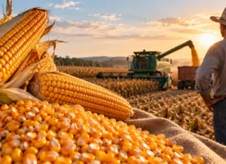 Bônus de 1,03% para milho passa a valer em operações do Pronaf em Rondônia Milho colhido em propriedade rural de Rondônia com produtor e colheitadeira ao fundo