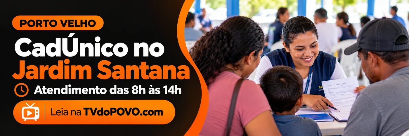 CadÚnico Jardim Santana: atendimento e documentos Faixa da TVdoPOVO sobre atendimento do CadÚnico no Jardim Santana, com cena comunitária ilustrativa e assinatura Leia na TVdoPOVO.com.