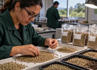 Amostras de café do Acre vão a Vilhena para classificação física Café do Acre em Vilhena sendo analisado em bandejas durante classificação física de grãos verdes