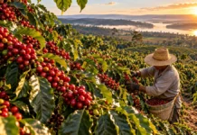 Safra de café de Rondônia chega a 2,88 milhões de sacas, estima Conab Imagem ilustrativa de lavoura de café conilon em Rondônia, com frutos maduros e trabalhador rural em colheita ao amanhecer.