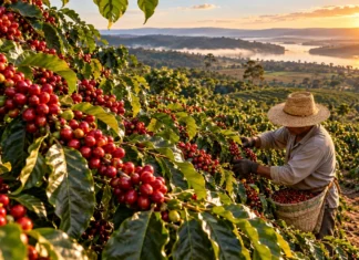 Safra de café de Rondônia chega a 2,88 milhões de sacas, estima Conab Imagem ilustrativa de lavoura de café conilon em Rondônia, com frutos maduros e trabalhador rural em colheita ao amanhecer.