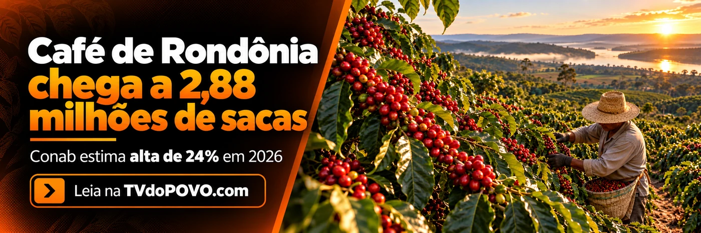 Café de Rondônia chega a 2,88 milhões de sacas — faixa Faixa da TVdoPOVO sobre a safra de café de Rondônia, com lavoura ilustrativa, trabalhador rural e assinatura Leia na TVdoPOVO.com.