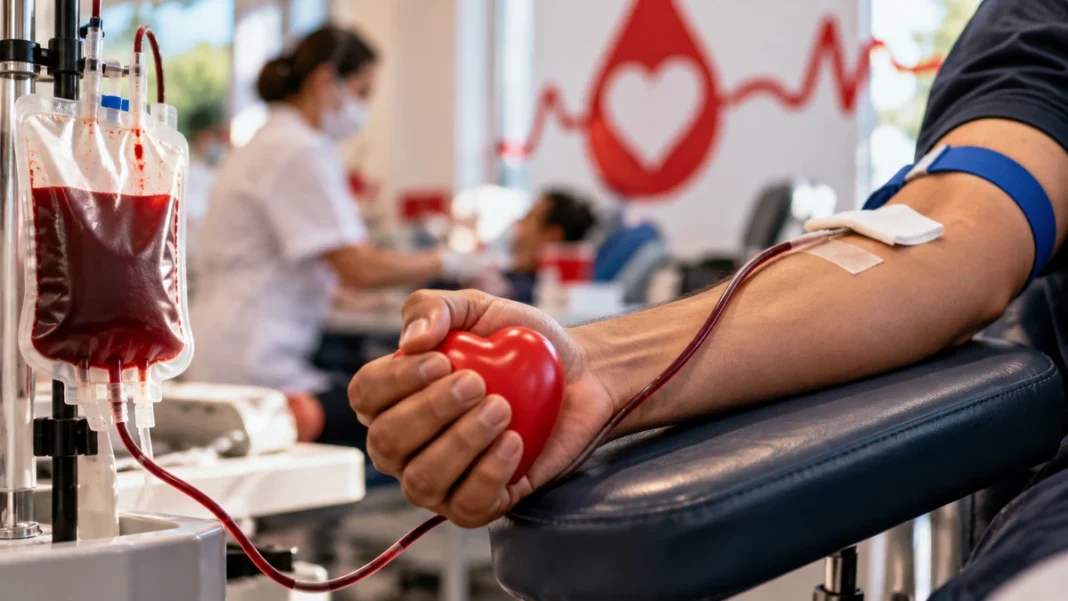 Campanha de doação de sangue em Porto Velho — imagem ilustrativa Imagem ilustrativa de doação de sangue, com braço de doador, bolsa de coleta e coração vermelho em ambiente clínico