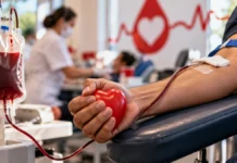 Campanha em Porto Velho coleta 41 bolsas de sangue, diz Grupo Rovema Imagem ilustrativa de doação de sangue, com braço de doador, bolsa de coleta e coração vermelho em ambiente clínico