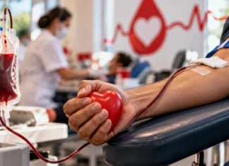 Campanha em Porto Velho coleta 41 bolsas de sangue, diz Grupo Rovema Imagem ilustrativa de doação de sangue, com braço de doador, bolsa de coleta e coração vermelho em ambiente clínico