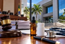 TJRO mantém lei sobre canabidiol pelo SUS em Rondônia Composição editorial sobre canabidiol pelo SUS em Rondônia, com martelo da Justiça, frasco de medicamento e elementos médicos