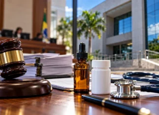 TJRO mantém lei sobre canabidiol pelo SUS em Rondônia Composição editorial sobre canabidiol pelo SUS em Rondônia, com martelo da Justiça, frasco de medicamento e elementos médicos