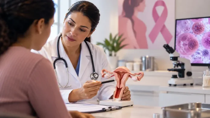 Médica orienta paciente sobre saúde do colo do útero durante consulta ginecológica