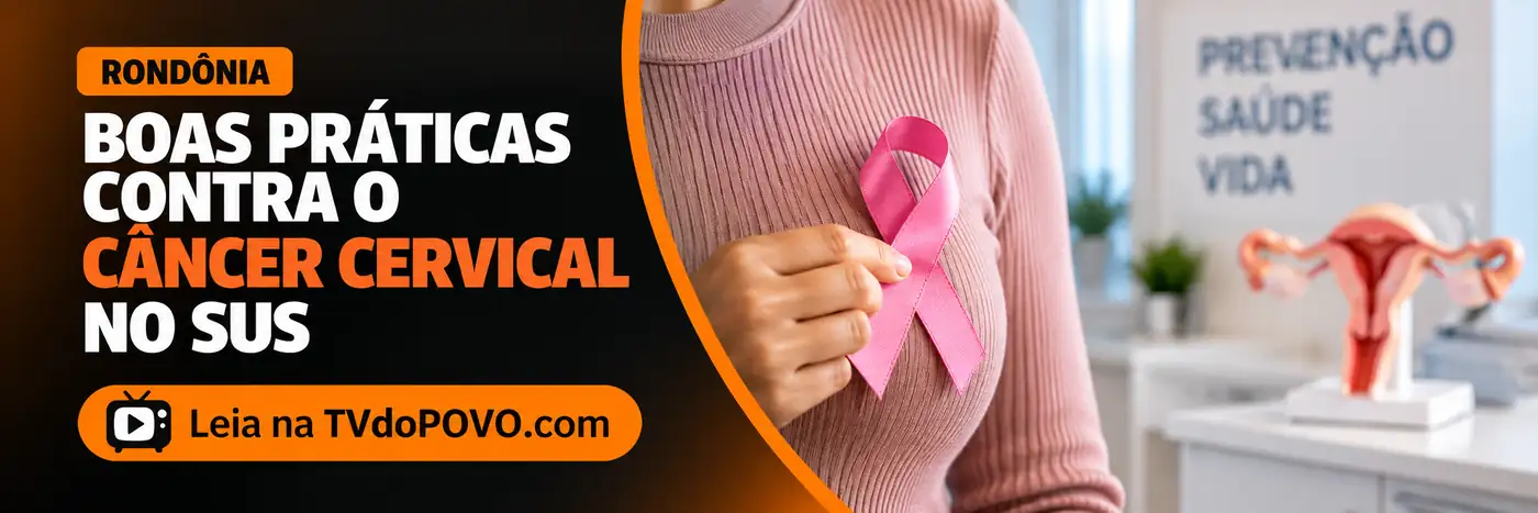 Faixa editorial sobre câncer cervical no SUS e saúde da mulher em Rondônia