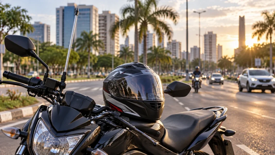 Capacetes em Porto Velho: entrega anunciada para motociclistas Capacete sobre motocicleta equipada com antena corta-pipa em cena ilustrativa de Porto Velho