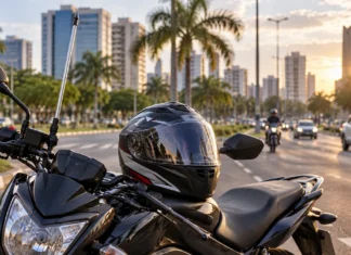 Porto Velho anuncia entrega de 600 capacetes no domingo; veja requisitos Capacete sobre motocicleta equipada com antena corta-pipa em cena ilustrativa de Porto Velho