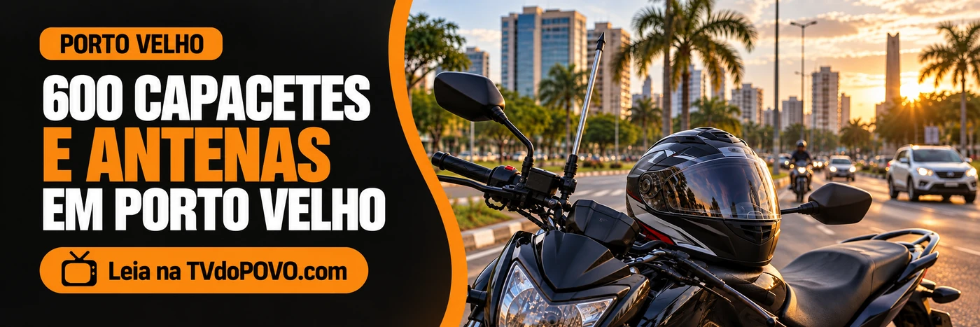 Capacetes e antenas em Porto Velho — arte ilustrativa Faixa ilustrativa sobre entrega anunciada de 600 capacetes em Porto Velho, com moto e antena corta-pipa