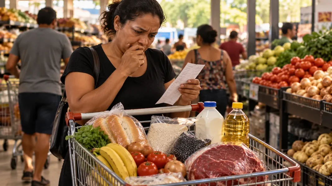 Cesta básica em Porto Velho lidera alta de 2026 Consumidora analisa compras em supermercado em matéria sobre cesta básica em Porto Velho