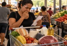 Cesta cai em agosto, mas Porto Velho ainda lidera alta de 2026 entre capitais Consumidora analisa compras em supermercado em matéria sobre cesta básica em Porto Velho