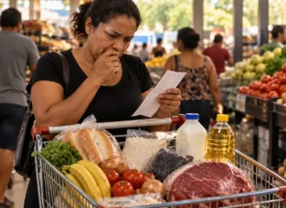 Cesta cai em agosto, mas Porto Velho ainda lidera alta de 2026 entre capitais Consumidora analisa compras em supermercado em matéria sobre cesta básica em Porto Velho