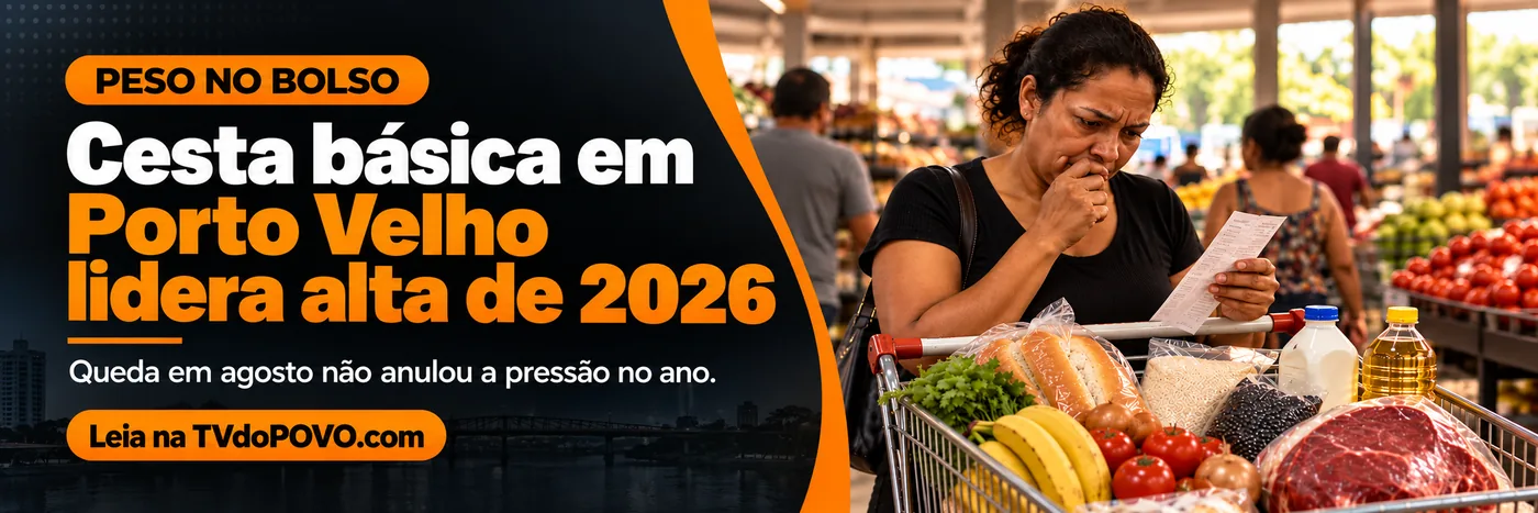 Cesta básica em Porto Velho — alta acumulada em 2026 Faixa editorial sobre cesta básica em Porto Velho e alta acumulada de 2026