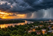 Leste de Rondônia pode ter até 100 mm de chuva nesta semana Composição editorial sobre previsão de chuva em Rondônia com nuvens carregadas e chuva sobre paisagem amazônica