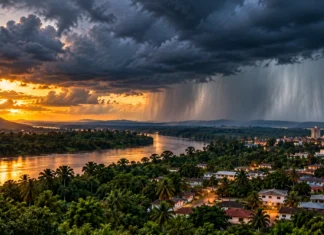 Leste de Rondônia pode ter até 100 mm de chuva nesta semana Composição editorial sobre previsão de chuva em Rondônia com nuvens carregadas e chuva sobre paisagem amazônica
