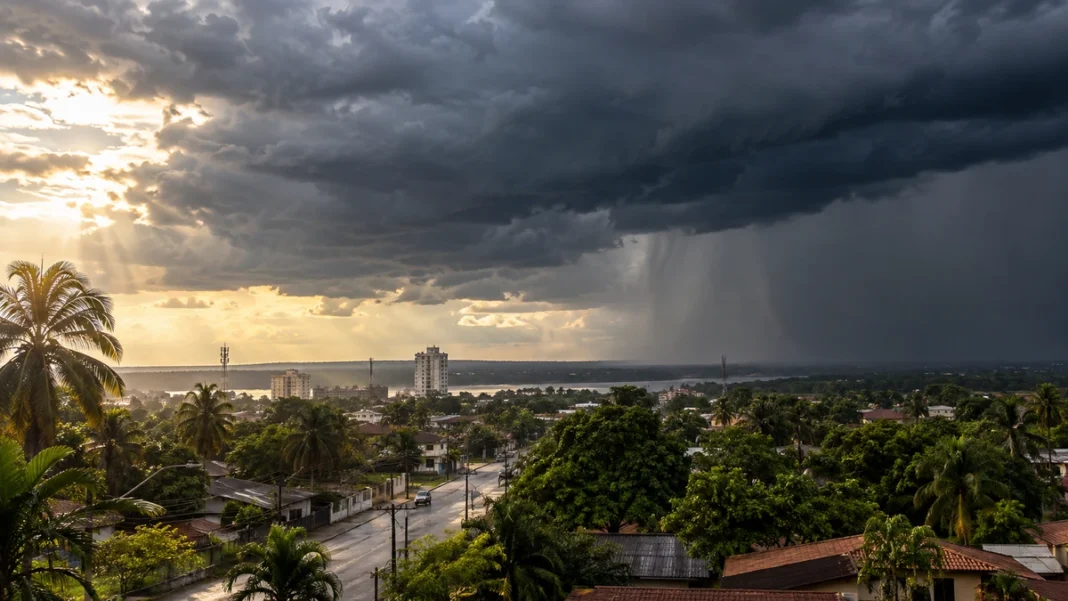 Chuva forte em Rondônia com nuvens carregadas avançando sobre área urbana e cortina de chuva ao fundo