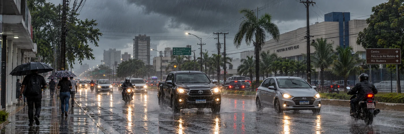 avenida de Porto Velho sob chuva intensa com veículos circulando em pista molhada