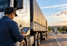 ANTT mantém CIOT nos fretes e prevê adaptação para mudanças futuras Cena ilustrativa de motorista consultando tablet ao lado de caminhão em rodovia para matéria sobre CIOT nos fretes