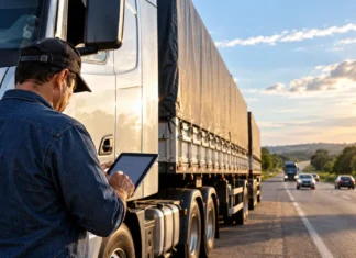 ANTT mantém CIOT nos fretes e prevê adaptação para mudanças futuras Cena ilustrativa de motorista consultando tablet ao lado de caminhão em rodovia para matéria sobre CIOT nos fretes