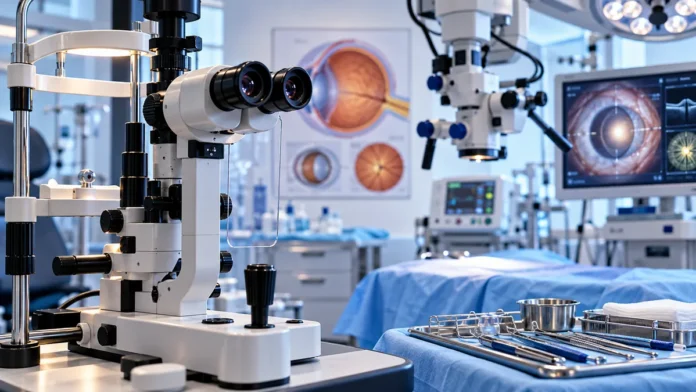 SUS incorpora cirurgia combinada para glaucoma e catarata Sala oftalmológica ilustrativa com equipamentos de exame e cirurgia ocular, para matéria sobre cirurgia combinada no SUS.