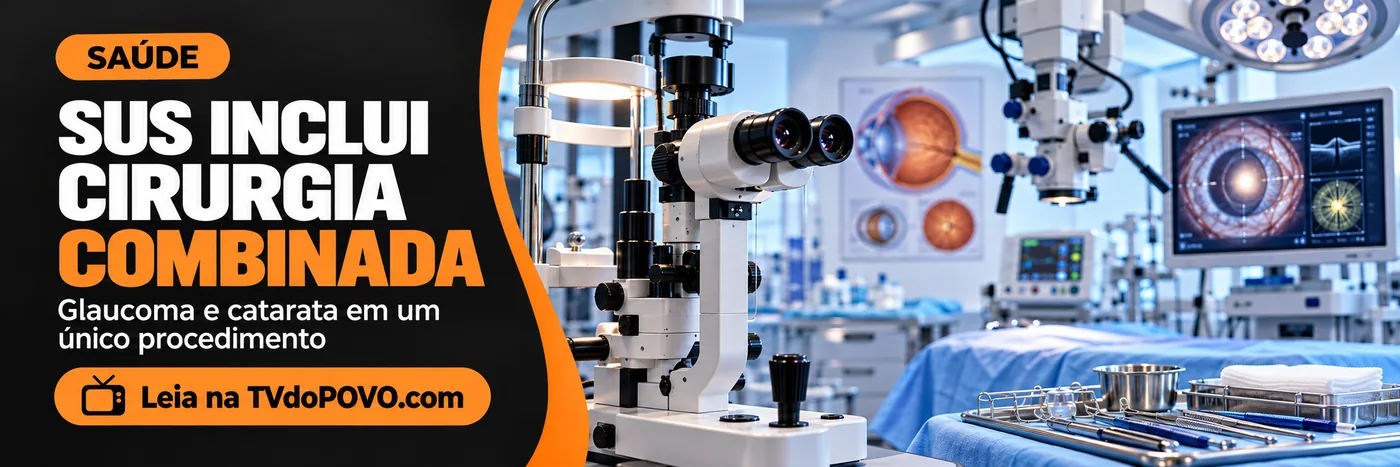 Cirurgia combinada para glaucoma e catarata no SUS — arte ilustrativa Cirurgia combinada para glaucoma e catarata no SUS em faixa ilustrativa de sala oftalmológica; não representa hospital real