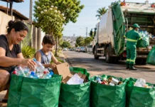 Coleta seletiva volta em Ji-Paraná em 5 de outubro; veja os bairros Imagem ilustrativa de moradores separando materiais recicláveis em sacolas verdes durante coleta seletiva em bairro urbano.