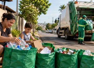 Coleta seletiva volta em Ji-Paraná em 5 de outubro; veja os bairros Imagem ilustrativa de moradores separando materiais recicláveis em sacolas verdes durante coleta seletiva em bairro urbano.