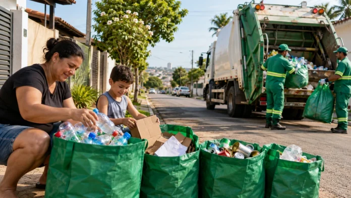 Coleta seletiva volta em Ji-Paraná em 5 de outubro Imagem ilustrativa de moradores separando materiais recicláveis em sacolas verdes durante coleta seletiva em bairro urbano.