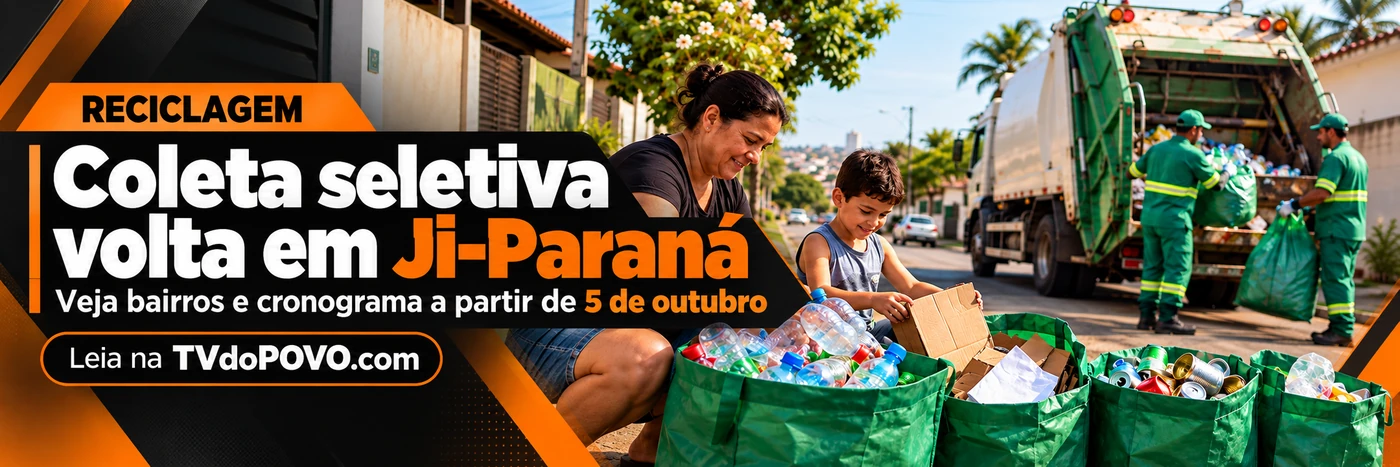 Faixa da TVdoPOVO sobre coleta seletiva em Ji-Paraná, com moradores separando recicláveis, sacolas verdes e assinatura Leia na TVdoPOVO.com.