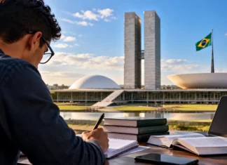 Câmara anuncia concurso com mais de 150 vagas e até R$ 30,8 mil Concurso da Câmara dos Deputados com candidato estudando em frente ao Congresso Nacional