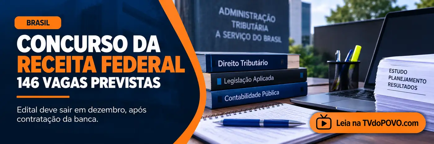 Faixa editorial sobre concurso da Receita Federal com 146 vagas previstas e edital em preparação