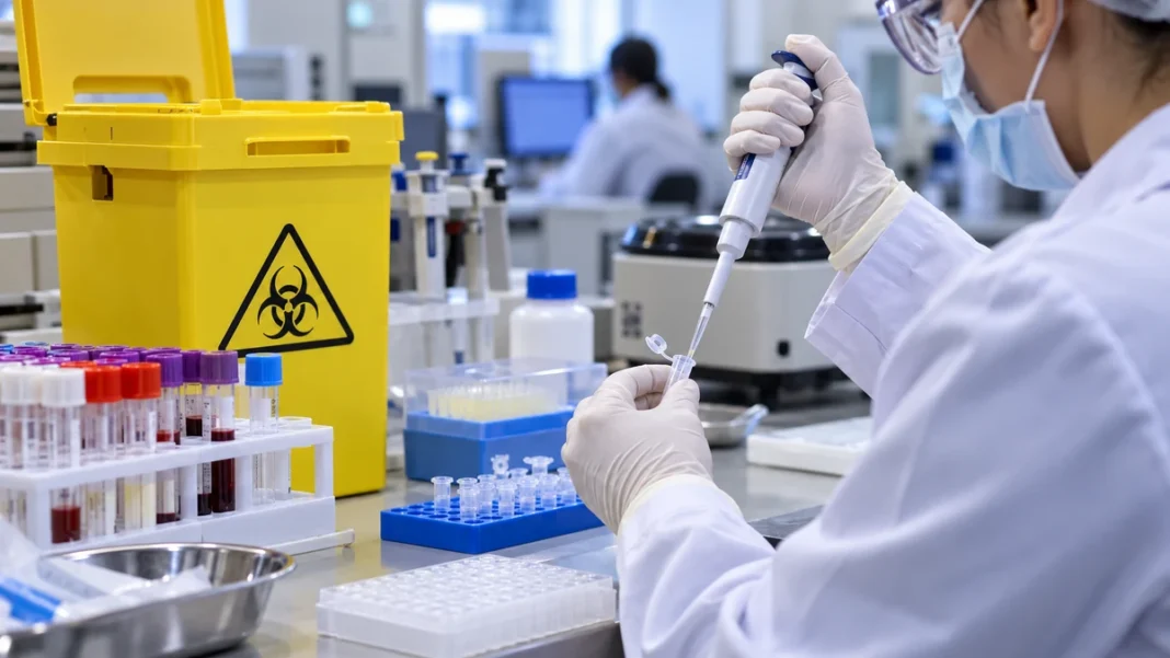 Consulta pública do IFRO sobre acidentes com material biológico Imagem ilustrativa de profissional em laboratório usando pipeta e equipamentos de biossegurança, sobre consulta pública do IFRO.