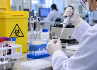 IFRO recebe sugestões até 2 de outubro sobre acidentes com material biológico Imagem ilustrativa de profissional em laboratório usando pipeta e equipamentos de biossegurança, sobre consulta pública do IFRO.