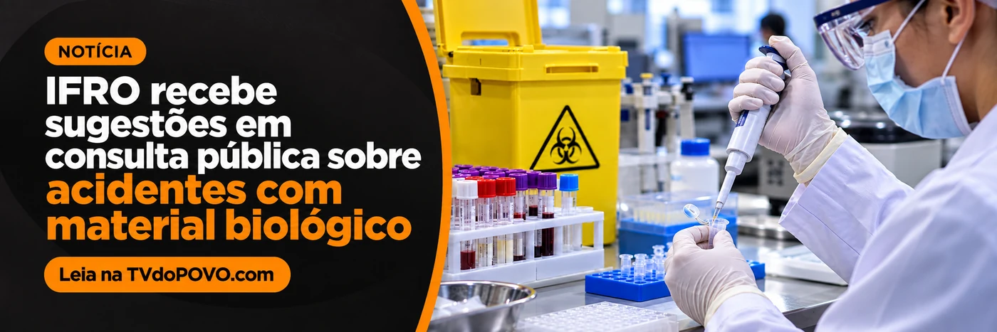 Consulta pública do IFRO sobre acidentes com material biológico Faixa ilustrativa da consulta pública do IFRO sobre acidentes com material biológico e assinatura Leia na TVdoPOVO.com