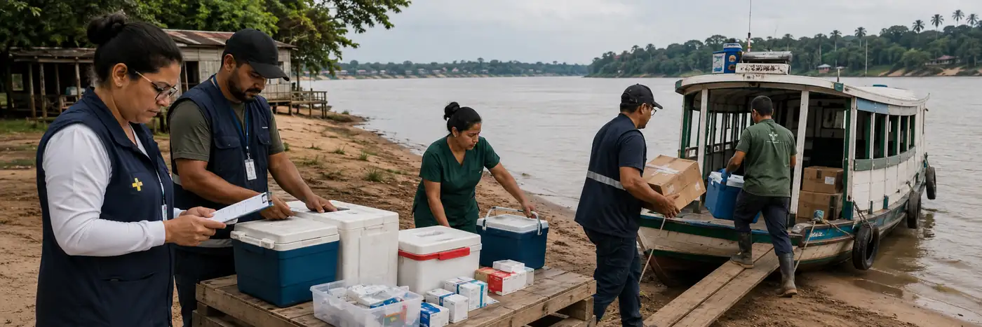 Equipe de saúde abastece embarcação com insumos em Rondônia Logística fluvial da saúde em Rondônia