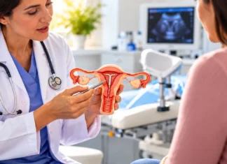 Planos passam a cobrir DIU hormonal para endometriose em outubro Consulta ginecológica ilustrativa sobre DIU para endometriose, com médica explicando o dispositivo em modelo anatômico do útero