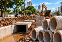 Porto Velho tem R$ 400,6 mil previstos para drenagem; execução ainda não começou Imagem ilustrativa de obra de drenagem urbana com aduelas e manilhas de concreto, para matéria sobre recursos previstos em Porto Velho.