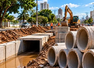 Porto Velho tem R$ 400,6 mil previstos para drenagem; execução ainda não começou Imagem ilustrativa de obra de drenagem urbana com aduelas e manilhas de concreto, para matéria sobre recursos previstos em Porto Velho.