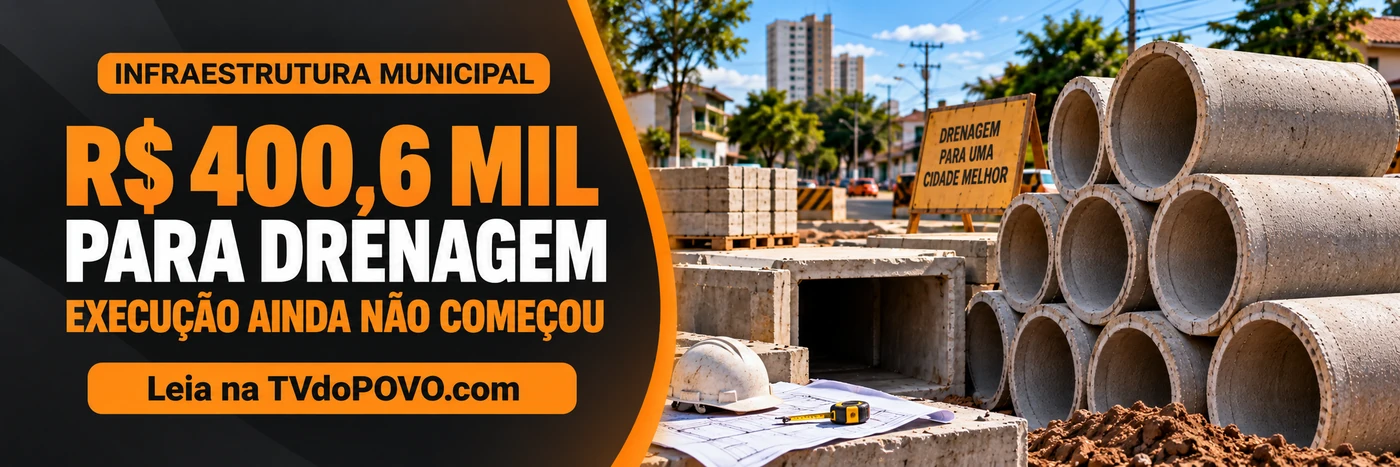 Drenagem em Porto Velho: R$ 400,6 mil previstos Faixa da TVdoPOVO sobre R$ 400,6 mil previstos para drenagem em Porto Velho, com estruturas de concreto ilustrativas e assinatura Leia na TVdoPOVO.com.