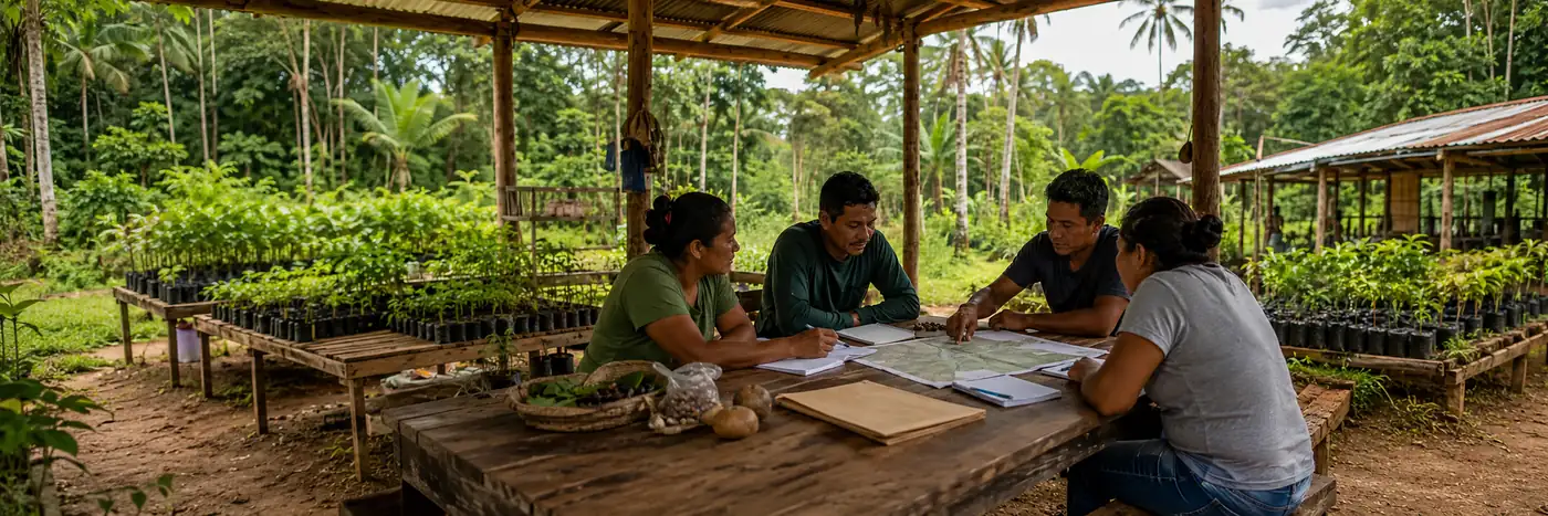 Projetos comunitários do edital Floresta+ Amazônia edital Floresta+ Amazônia com comunidade planejando projeto ambiental em viveiro de mudas