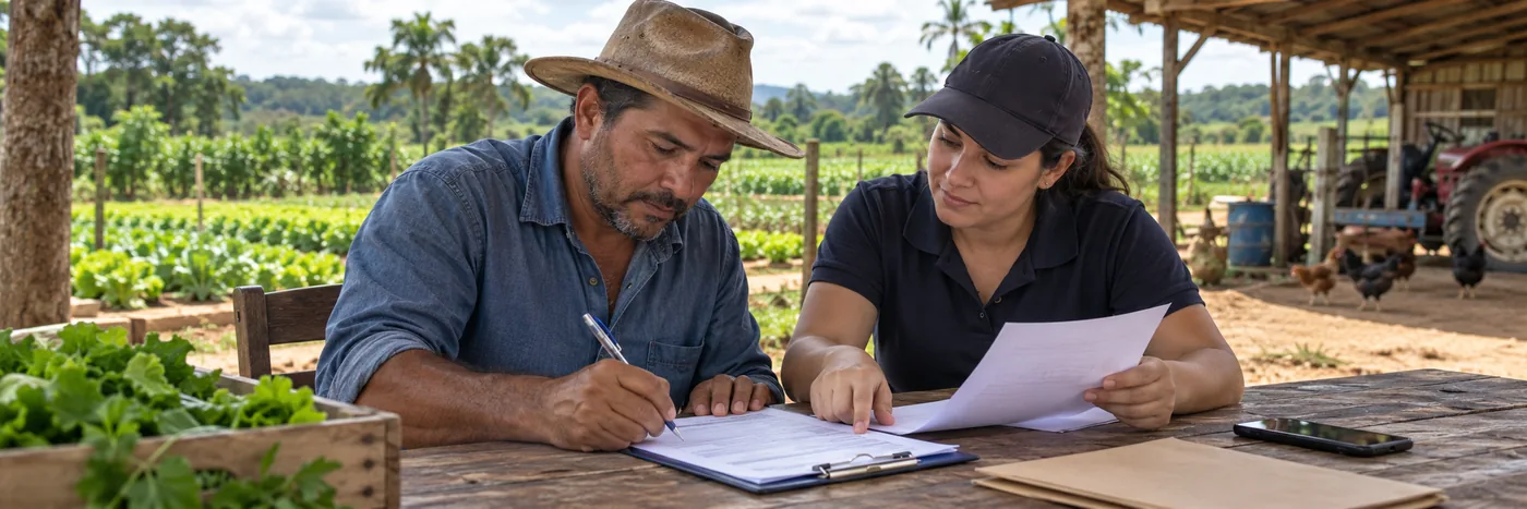 Empretec Rural em Rolim de Moura com produtores analisando documentos em propriedade rural
