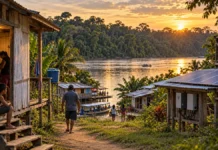 ANEEL aprova testes de energia na Amazônia; veja a situação de Rondônia Ilustração de comunidade ribeirinha amazônica com casas, rio e painéis solares, representando as propostas Energias da Floresta
