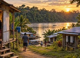 ANEEL aprova testes de energia na Amazônia; veja a situação de Rondônia Ilustração de comunidade ribeirinha amazônica com casas, rio e painéis solares, representando as propostas Energias da Floresta